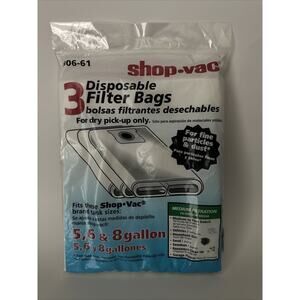 New SHOP VAC 3PK DISPOSABLE FILTER BAGS 5, 6, & 8 Gallon Tanks 90661